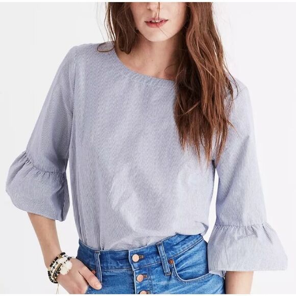 MADEWELL striped bell-sleeve top Size L G1368 In Blue/white - Picture 1 of 9
